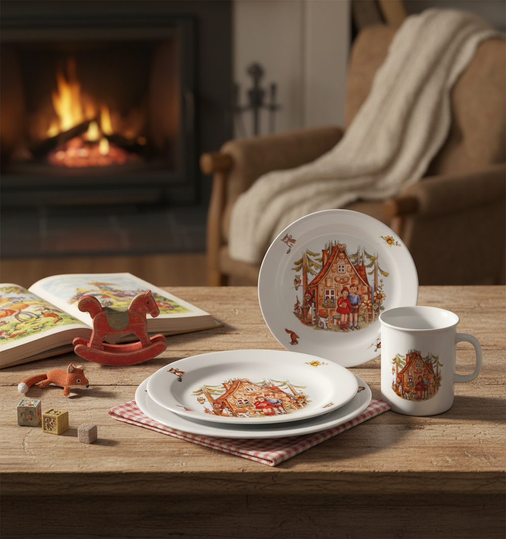Kindergedeck 3-tlg. Porzellan Wunderschönes buntes Märchenmotiv "Hänsel & Gretel"