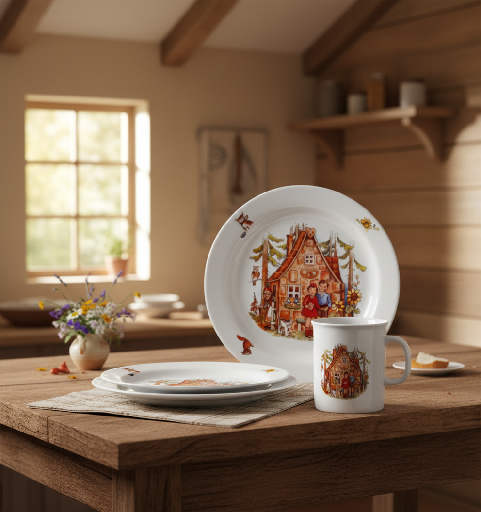 Kindergedeck 3-tlg. Porzellan Wunderschönes buntes Märchenmotiv "Hänsel & Gretel"