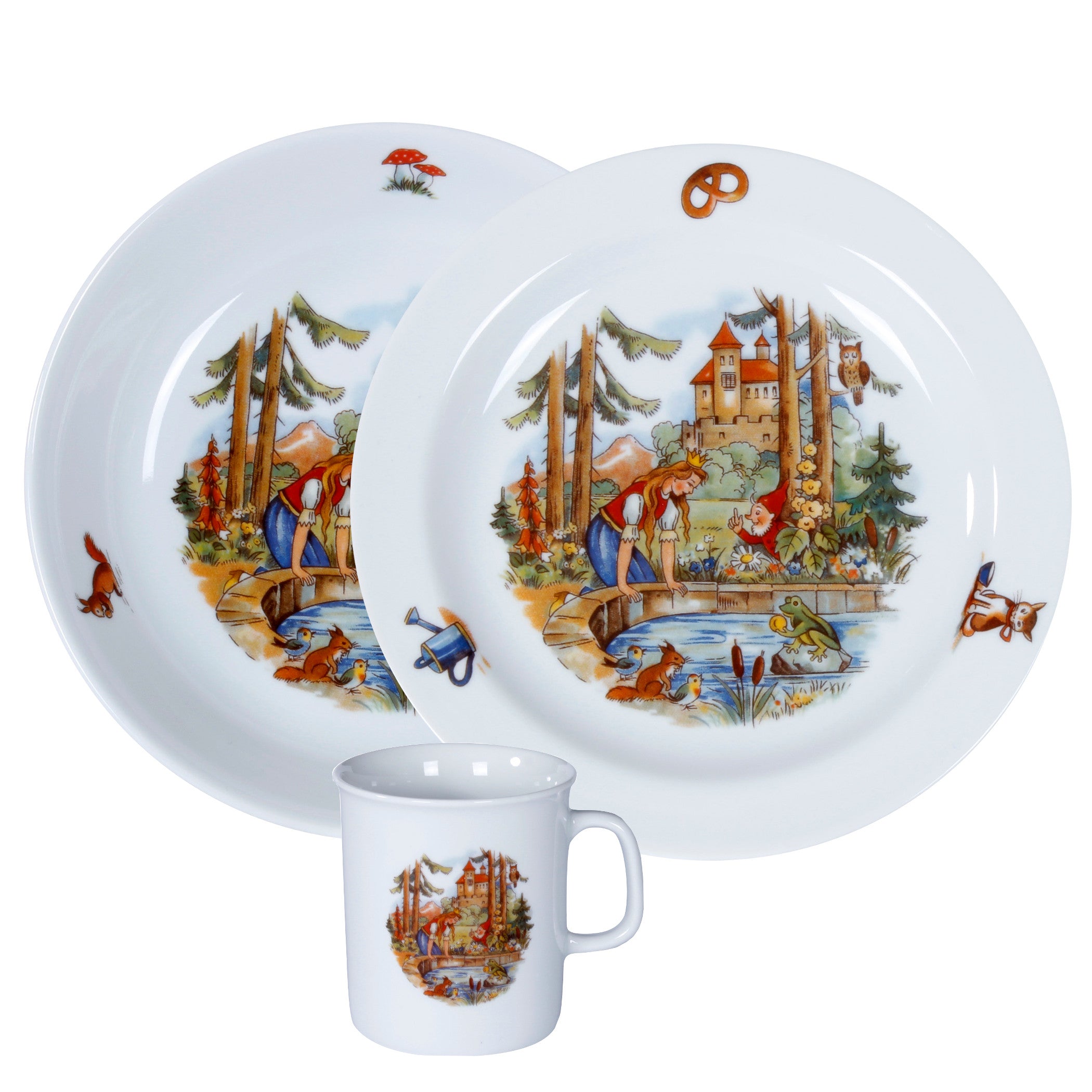 Kindergedeck 3-tlg. Porzellan Wunderschönes buntes Märchenmotiv "Der Froschkönig" .