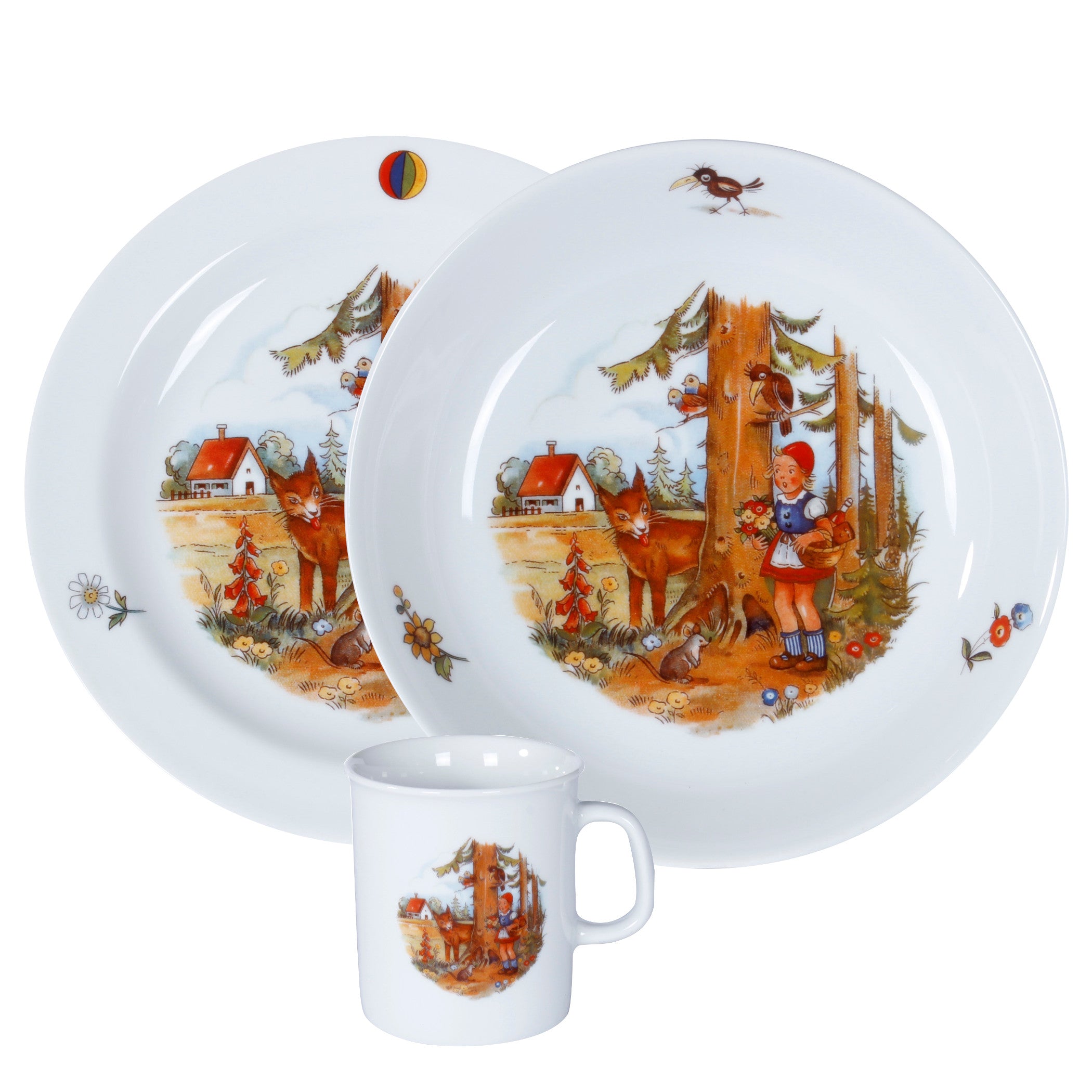 Kindergedeck 3-tlg. Porzellan Wunderschönes buntes Märchenmotiv "Rotkäppchen"