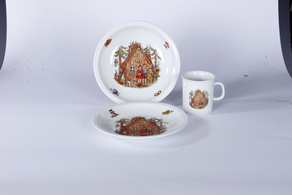 Kindergedeck 3-tlg. Porzellan Wunderschönes buntes Märchenmotiv "Hänsel & Gretel"