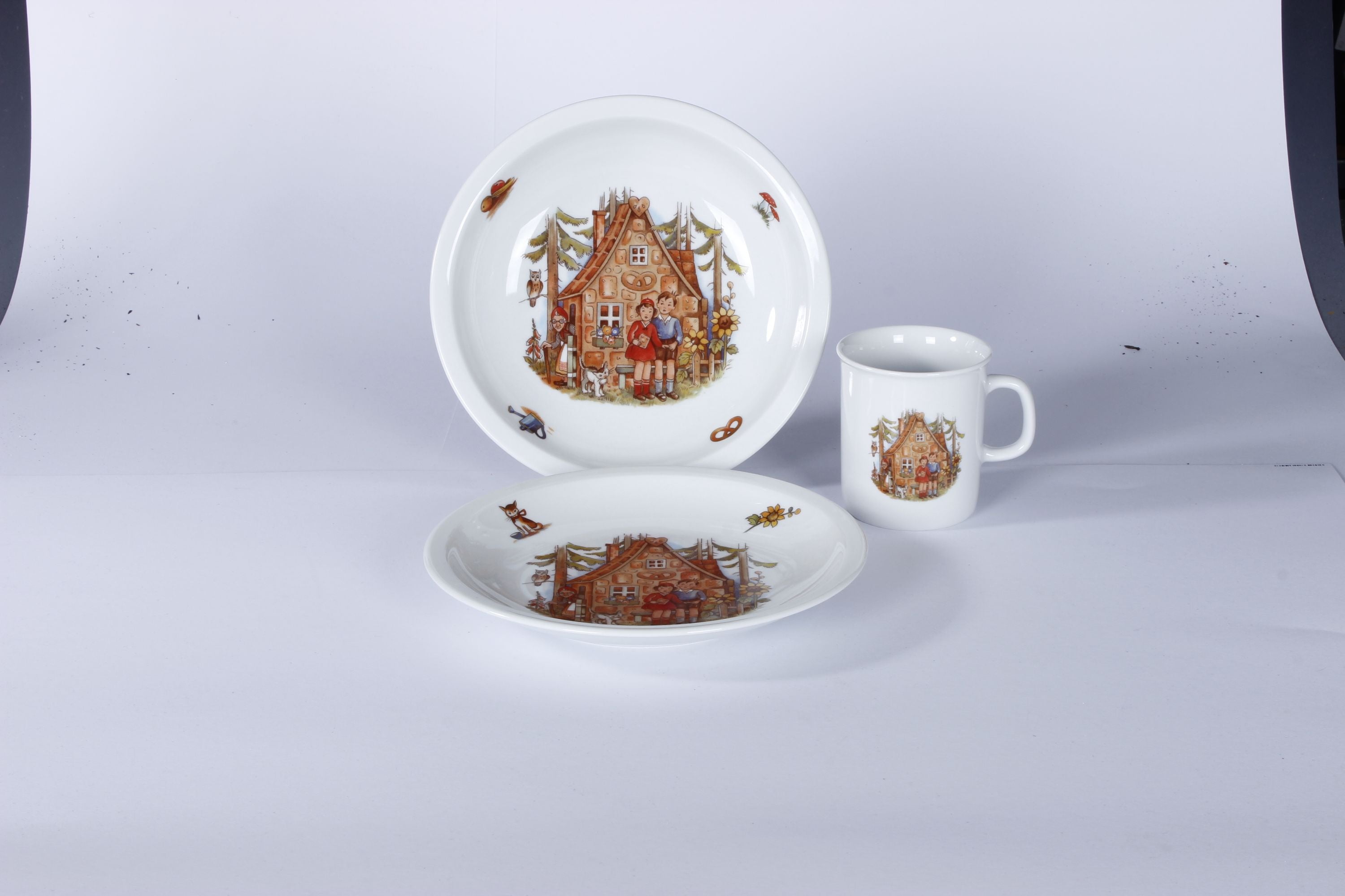 Kindergedeck 3-tlg. Porzellan Wunderschönes buntes Märchenmotiv "Hänsel & Gretel"