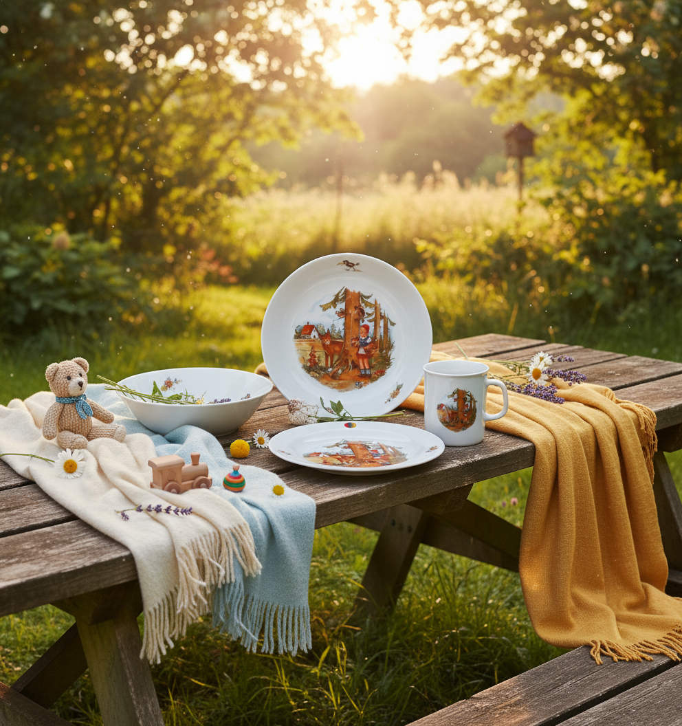 Kindergedeck 3-tlg. Porzellan Wunderschönes buntes Märchenmotiv "Rotkäppchen"