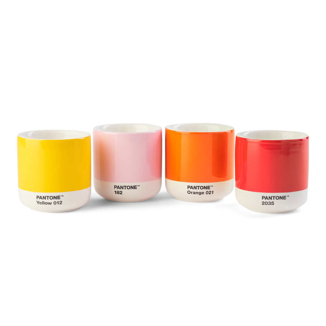 Porzellan-Thermobecher Cortado, ohne Henkel, 4er-Set in Geschenkbox, Yellow 012C, Red 2035C, Orange 021C, Light Pink 182C